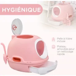 PawHut Maison De Toilette Portable Pour Chat Tiroir à Litière Coulissant Porte Battante Lucarne + Pelle Fournis Dim. 47L X 55l X 44H Cm Rose -Pas Cher Toutou Mia Magasin 19845661 4