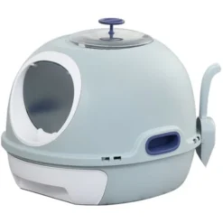 PawHut Maison De Toilette Portable Pour Chat Tiroir à Litière Coulissant Porte Battante Lucarne + Pelle Fournis Dim. 47L X 55l X 44H Cm Bleu