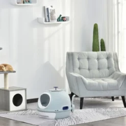 PawHut Maison De Toilette Portable Pour Chat Tiroir à Litière Coulissant Porte Battante Lucarne + Pelle Fournis Dim. 47L X 55l X 44H Cm Bleu -Pas Cher Toutou Mia Magasin 25257616 4