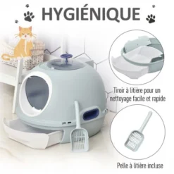 PawHut Maison De Toilette Portable Pour Chat Tiroir à Litière Coulissant Porte Battante Lucarne + Pelle Fournis Dim. 47L X 55l X 44H Cm Bleu -Pas Cher Toutou Mia Magasin 25257616 5