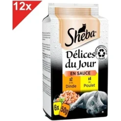 SHEBA Délices Du Jour 72 Sachets Poulet Dinde En Sauce Pour Chat 50g (12x6)