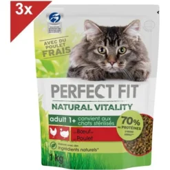 PERFECT FIT Natural Vitality Croquettes Au Boeuf Et Au Poulet Pour Chat Adulte (3x1kg)