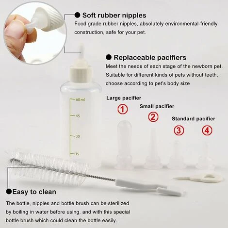 Biberon Chaton Chiot,Bouteille Allaitement Pour Chiot Tétines Brosse à Nettoyer Lactation Soins Pour Chat Et Chien Animal Nouveau Né De Compagnie-60ml 5 Biberon Chaton Chiot,Bouteille Allaitement Pour Chiot Tétines Brosse à Nettoyer Lactation Soins Pour Chat Et Chien Animal Nouveau Né De Compagnie-60ml – Image 3