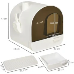PawHut Maison De Toilette Bac à Litière Pour Chat Avec Porte Battante, Pelle Et Filtre Inclus Dim. 43L X 44l X 47H Cm PP Blanc Marron Fumé -Pas Cher Toutou Mia Magasin 76658257 3