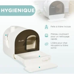 PawHut Maison De Toilette Bac à Litière Pour Chat Avec Porte Battante, Pelle Et Filtre Inclus Dim. 43L X 44l X 47H Cm PP Blanc Marron Fumé -Pas Cher Toutou Mia Magasin 76658257 4