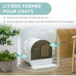 PawHut Maison De Toilette Bac à Litière Pour Chat Avec Porte Battante, Pelle Et Filtre Inclus Dim. 43L X 44l X 47H Cm PP Blanc Marron Fumé -Pas Cher Toutou Mia Magasin 76658257 5