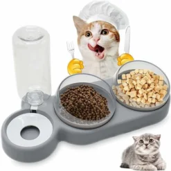 Gamelle Chat Et Chien Surélevée, 3 En 1 Distributeurs Automatique D'eau Et Nourriture Pour Animaux De Compagnie, Incliné à 15°Double Bol De Nourriture, Pour Les Chats Et Les Chiots