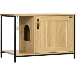 PawHut Maison De Toilette Pour Chat Style Industriel Porte Entrée Latérale Boule Suspendue Châssis Acier Aspect Bois Clair