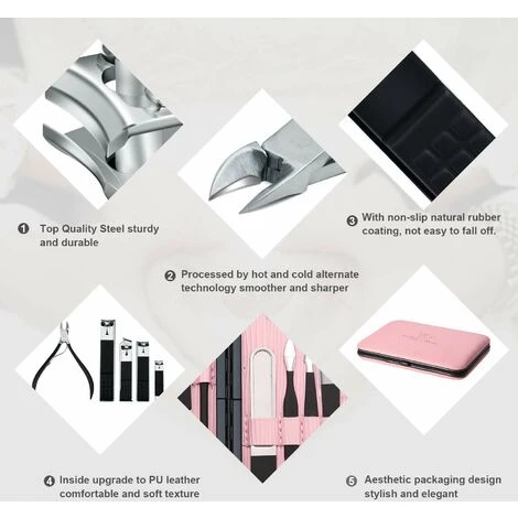 Kit Pedicure - Coupe Ongle Professionnel Coupe Cuticule Acier Inoxydable - Trousse Manucure Pedicure Set De 18pcs (Noir & Rose) 3 Kit Pedicure - Coupe Ongle Professionnel Coupe Cuticule Acier Inoxydable - Trousse Manucure Pedicure Set De 18pcs (Noir & Rose) – Image 2