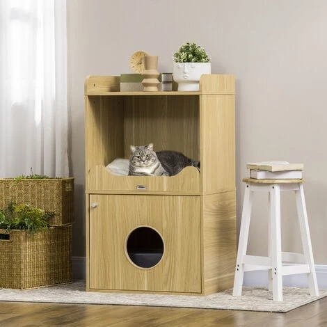 PawHut Maison De Toilette Chat - Porte, Niche Avec Coussin, Plateau - Panneaux Aspect Bois Clair 4 PawHut Maison De Toilette Chat - Porte, Niche Avec Coussin, Plateau - Panneaux Aspect Bois Clair – Image 2