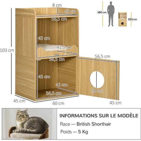 PawHut Maison De Toilette Chat - Porte, Niche Avec Coussin, Plateau - Panneaux Aspect Bois Clair 5 PawHut Maison De Toilette Chat - Porte, Niche Avec Coussin, Plateau - Panneaux Aspect Bois Clair – Image 3