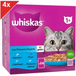 WHISKAS 96 Sachets Fraîcheur En Gelée 4 Variétés Poissons Pour Chat 85g (4x24)