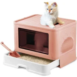 Aqrau Maison De Toilette Pour Chat Avec Couvercle à Fentes,Bac à Litière Pour Chat, Plateau Amovible, Pelle, Brosse De Massage,Rose