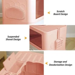 Aqrau Maison De Toilette Pour Chat Avec Couvercle à Fentes,Bac à Litière Pour Chat, Plateau Amovible, Pelle, Brosse De Massage,Rose -Pas Cher Toutou Mia Magasin 88267767 5