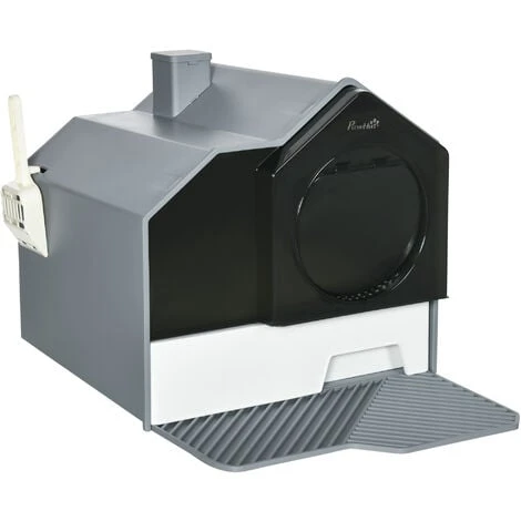 PawHut Maison De Toilette Chat Design Maison - Bac à Litière - Tapis, Poignée, Pelle, Filtre, Tiroir Inclus - PP Blanc Noir Gris 3 PawHut Maison De Toilette Chat Design Maison - Bac à Litière - Tapis, Poignée, Pelle, Filtre, Tiroir Inclus - PP Blanc Noir Gris