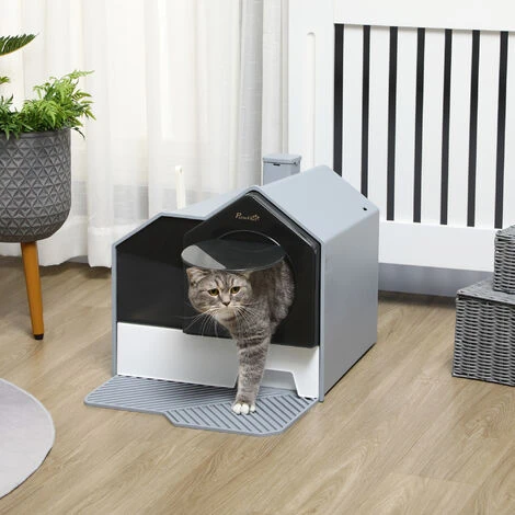 PawHut Maison De Toilette Chat Design Maison - Bac à Litière - Tapis, Poignée, Pelle, Filtre, Tiroir Inclus - PP Blanc Noir Gris 4 PawHut Maison De Toilette Chat Design Maison - Bac à Litière - Tapis, Poignée, Pelle, Filtre, Tiroir Inclus - PP Blanc Noir Gris – Image 2