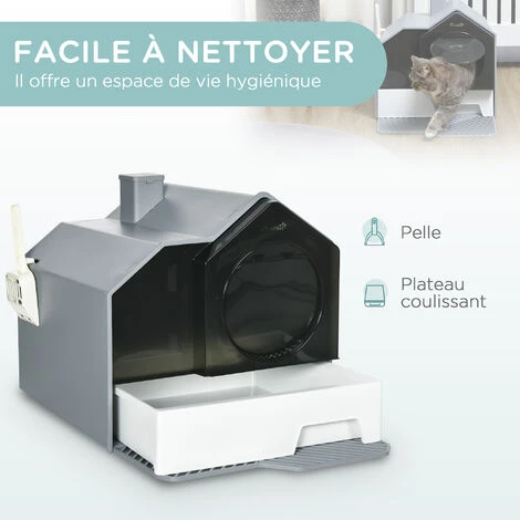 PawHut Maison De Toilette Chat Design Maison - Bac à Litière - Tapis, Poignée, Pelle, Filtre, Tiroir Inclus - PP Blanc Noir Gris 7 PawHut Maison De Toilette Chat Design Maison - Bac à Litière - Tapis, Poignée, Pelle, Filtre, Tiroir Inclus - PP Blanc Noir Gris – Image 5