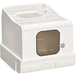 PawHut Maison De Toilette Chat Bac à Litière 2 Portes - Pelle, Bac Amovible, Roulettes, Poignée - PE Blanc