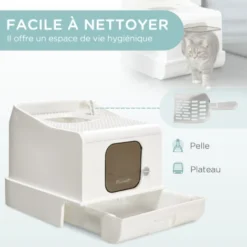 PawHut Maison De Toilette Chat Bac à Litière 2 Portes - Pelle, Bac Amovible, Roulettes, Poignée - PE Blanc -Pas Cher Toutou Mia Magasin 89616325 3