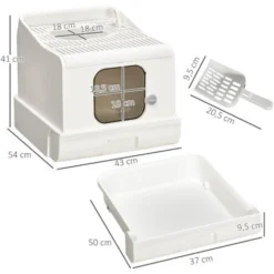 PawHut Maison De Toilette Chat Bac à Litière 2 Portes - Pelle, Bac Amovible, Roulettes, Poignée - PE Blanc -Pas Cher Toutou Mia Magasin 89616325 5