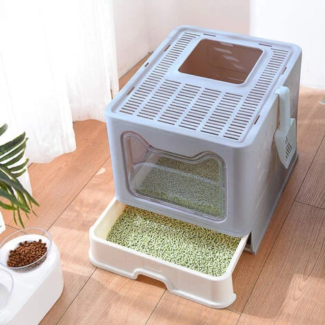 Bac à Litière Fermé Pour Chat, Maison De Toilette Chat Pliable, Maison De Toilette, Plateau Amovible, Pelle, Brosse,Nettoyage Facile, Bleu - 51x41x38cm 4 Bac à Litière Fermé Pour Chat, Maison De Toilette Chat Pliable, Maison De Toilette, Plateau Amovible, Pelle, Brosse,Nettoyage Facile, Bleu - 51x41x38cm – Image 2