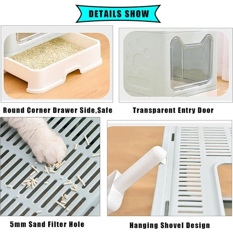 Bac à Litière Fermé Pour Chat, Maison De Toilette Chat Pliable, Maison De Toilette, Plateau Amovible, Pelle, Brosse,Nettoyage Facile, Bleu - 51x41x38cm 7 Bac à Litière Fermé Pour Chat, Maison De Toilette Chat Pliable, Maison De Toilette, Plateau Amovible, Pelle, Brosse,Nettoyage Facile, Bleu - 51x41x38cm – Image 5