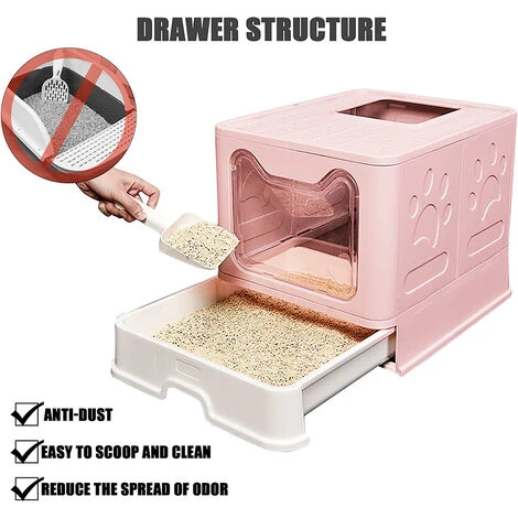 Bac à Litière Fermé Pour Chat, Maison De Toilette Chat Pliable, Maison De Toilette, Plateau Amovible, Pelle, Brosse,Nettoyage Facile, Rose - 51x41x38cm 5 Bac à Litière Fermé Pour Chat, Maison De Toilette Chat Pliable, Maison De Toilette, Plateau Amovible, Pelle, Brosse,Nettoyage Facile, Rose - 51x41x38cm – Image 3