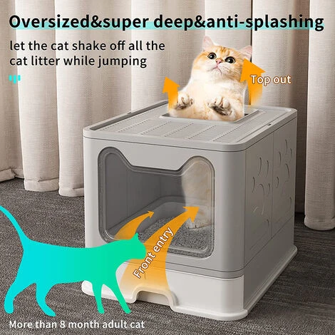 Bac à Litière Fermé Pour Chat, Maison De Toilette Chat Pliable, Maison De Toilette, Plateau Amovible, Pelle, Brosse,Nettoyage Facile, Gris - 51x41x38cm 4 Bac à Litière Fermé Pour Chat, Maison De Toilette Chat Pliable, Maison De Toilette, Plateau Amovible, Pelle, Brosse,Nettoyage Facile, Gris - 51x41x38cm – Image 2