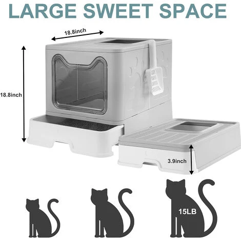 Bac à Litière Fermé Pour Chat, Maison De Toilette Chat Pliable, Maison De Toilette, Plateau Amovible, Pelle, Brosse,Nettoyage Facile, Gris - 51x41x38cm 6 Bac à Litière Fermé Pour Chat, Maison De Toilette Chat Pliable, Maison De Toilette, Plateau Amovible, Pelle, Brosse,Nettoyage Facile, Gris - 51x41x38cm – Image 4