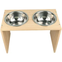 Gamelle Pour Chien Chat Surélevée, Durable Bambou Support Gamelle Chien, Avec 2 Bols En Acier Inoxydable, Vaisselle Et Facile à Nettoyer -Pas Cher Toutou Mia Magasin 93886959 3