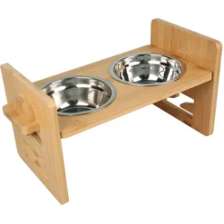 Gamelle Pour Chien Ou Chat à Hauteur Réglable, Durable Bambou Support Gamelle Chien Surélevée, Avec 2 Bols En Acier Inoxydable
