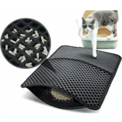 Tapis Litière Chat Double Couche Pliable 60x42cm, Non Toxique EVA Avec 12mm Grand Trou En Forme De Diamant, Tapis De Toilette Chat Imperméable Antidérapant, Facile à Nettoyer（noir）