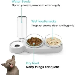 Gamelles Doubles Pour Chat, Double Gamelle Chat Surélevée, Bol Séparation Sec Humide, Inclinable à 15° Gamelle Animaux Anti-Vomissements 3-en-1 à Stockage D'eau Automatique, Bol Chat Bol Chien -Pas Cher Toutou Mia Magasin 97253776 5