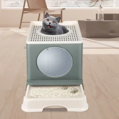 Bac Litière Chat Maison De Toilette Portable Pour Chat 48x39x34cm Gris Vert